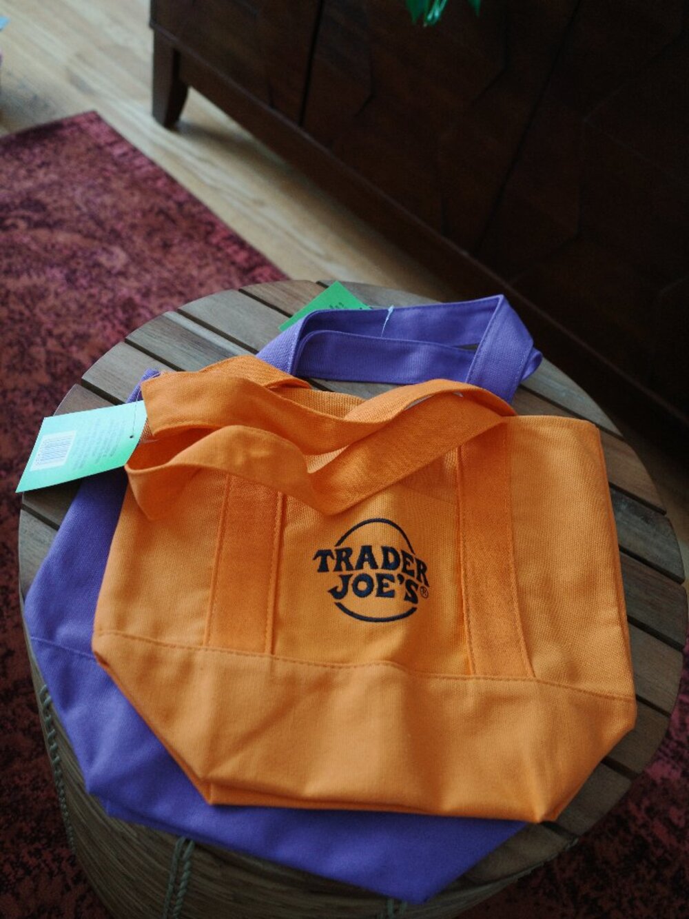 2 Mini Trader Joes Tote Bags (Orange & Purple)